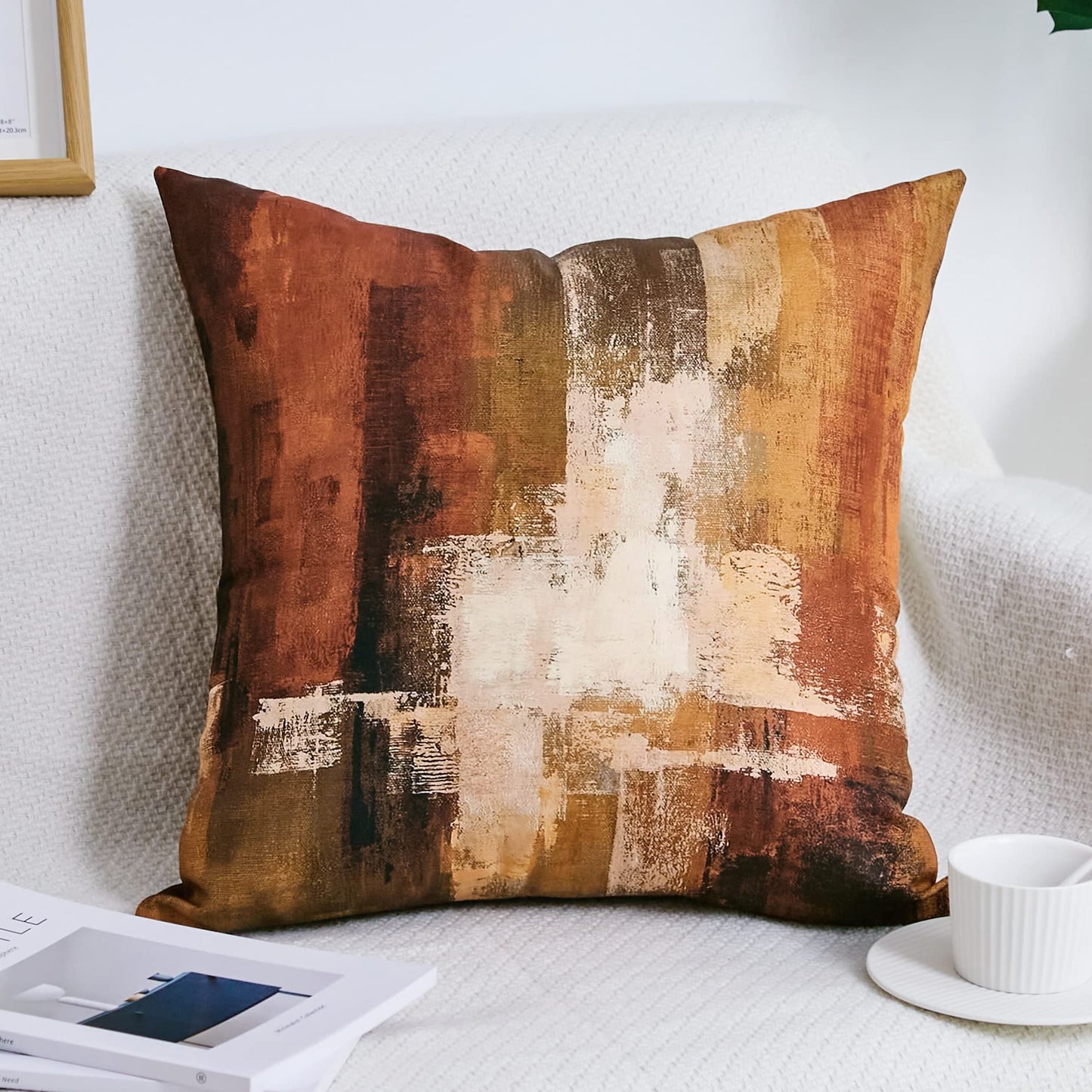 Burnt Orange Abstract Pillow Covers 18x18 Abstract Rust Art Painting Decorative Throw Pillowcase Modern Artwork Square Couch Cushion Cover for Living Room Sofa Accent Home Decor, Set of 2