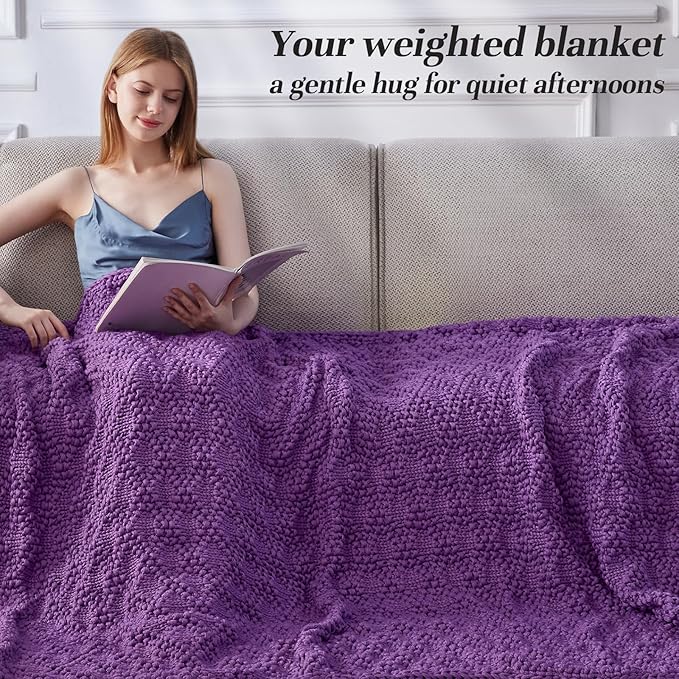 Knitted Weighted Blanket for Adult, Chunky Knit Weighted Throw for Sleep 80"*87" 20lbs, Cooling Breathable Machine Washable Heavy Blanket for Room Decor (Purple, King)