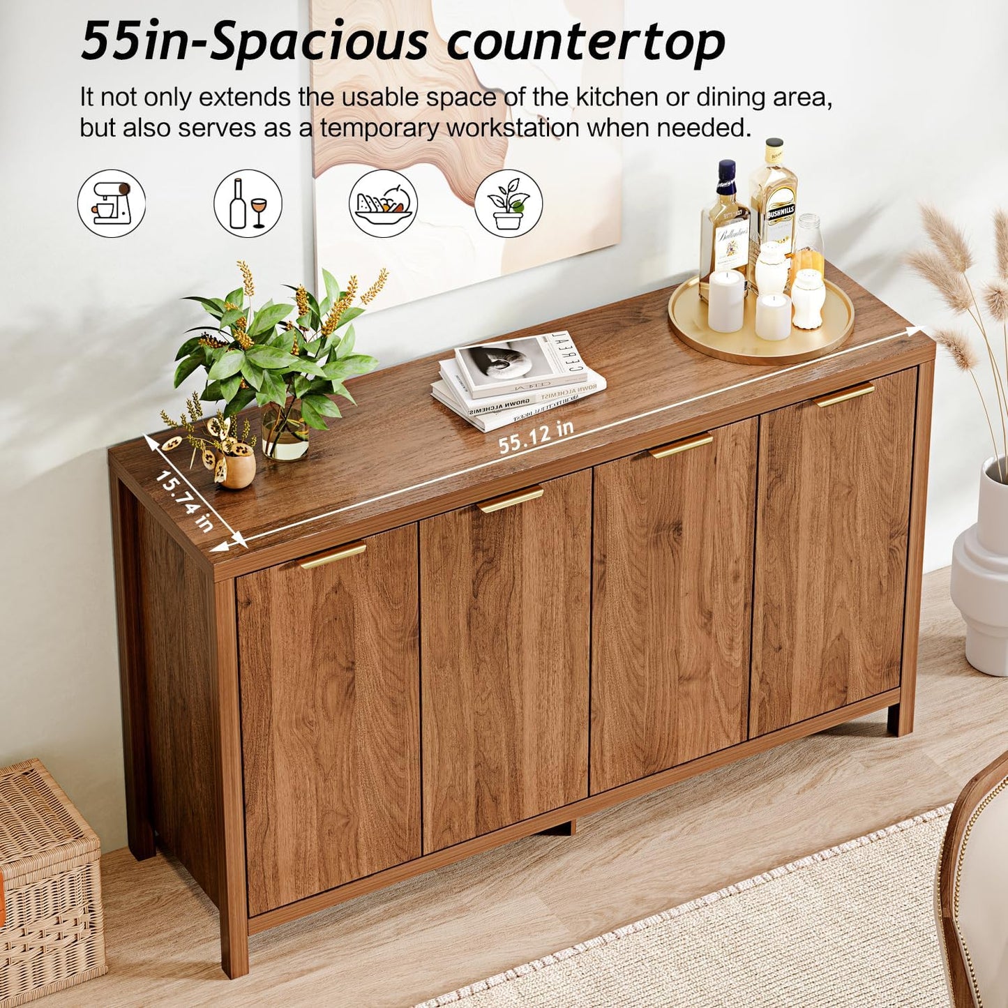Arulvmrn Buffet Cabinet, 55" Large Sideboard Buffet Storage Cabinet with Shelves and Doors, Modern Coffee Bar Station Wood Kitchen Table for Kitchen, Dining Room,Walnut
