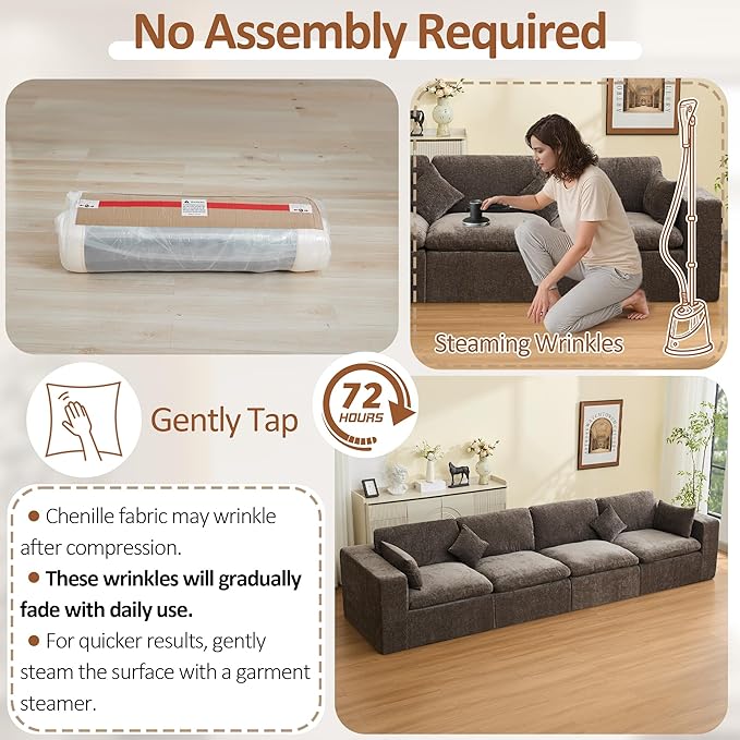 155''Cloud Boneless Sectional Couch, Modular Sectional Sofa Deep Seat, Oversized Upholstered Convertible Comfy 4 Seater Chenille Memory Foam Sofa Couches for Living Room, Brown