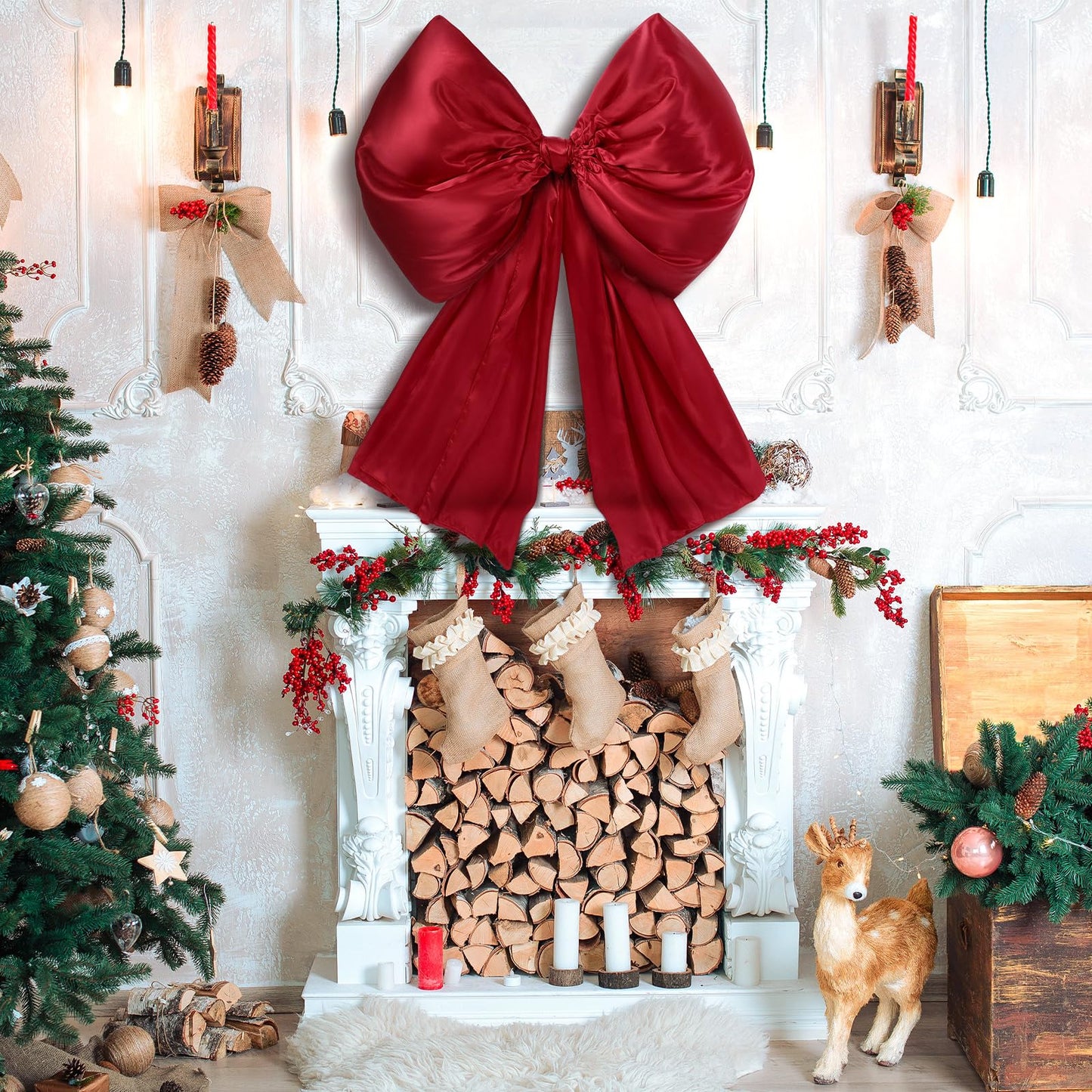 Daifunli 32 x 41 Inches Christmas Tree Topper Red Bow Extra Large Satin Bows Decorations for Home Christmas Tree Toppers Wreath Wall Birthday Wedding Engagement Bachelorette Baby Shower Party Decor