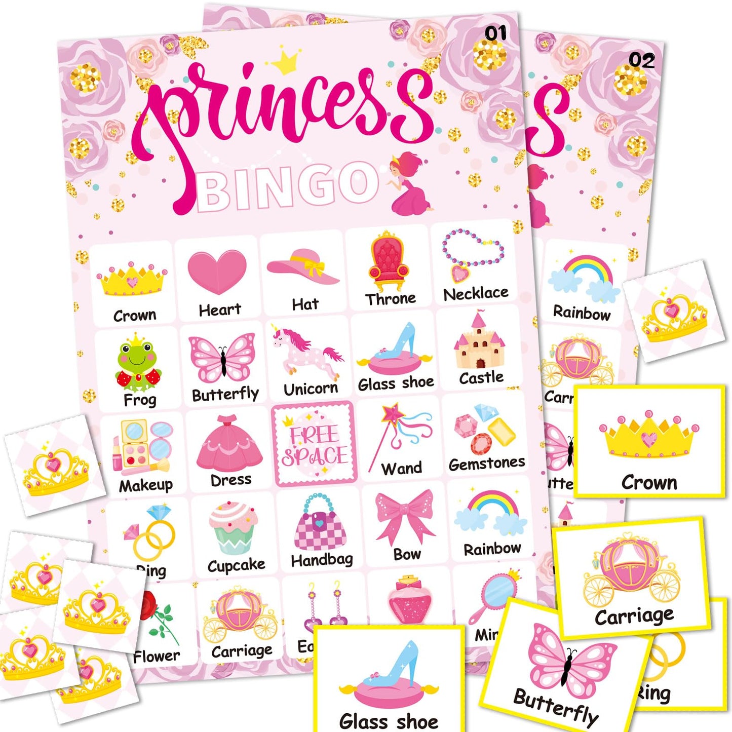 Omlisca Pink Princess Bingo Game 24 Players Bingo Games Cards for Tea Party Decorations Princess Birthday Family Holiday Party Supplies School Activities Bridal Shower Wedding Party Favors