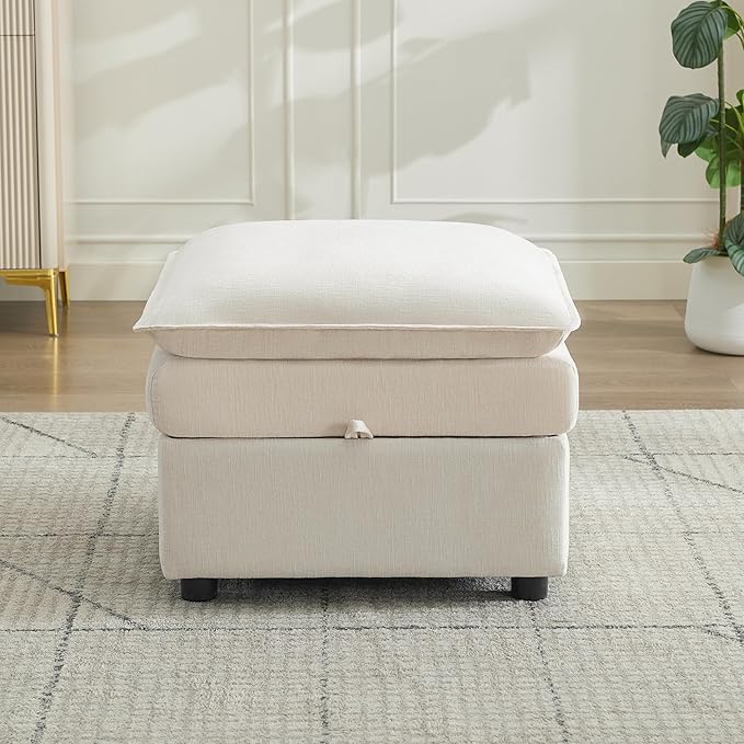 Abbrevi 27" Large Square Ottoman with Storage, Modern Upholstered Footrest with Anti-Slip Legs for Couch Coffee Table Living Room, Bedroom, Entryway, Chenille Beige
