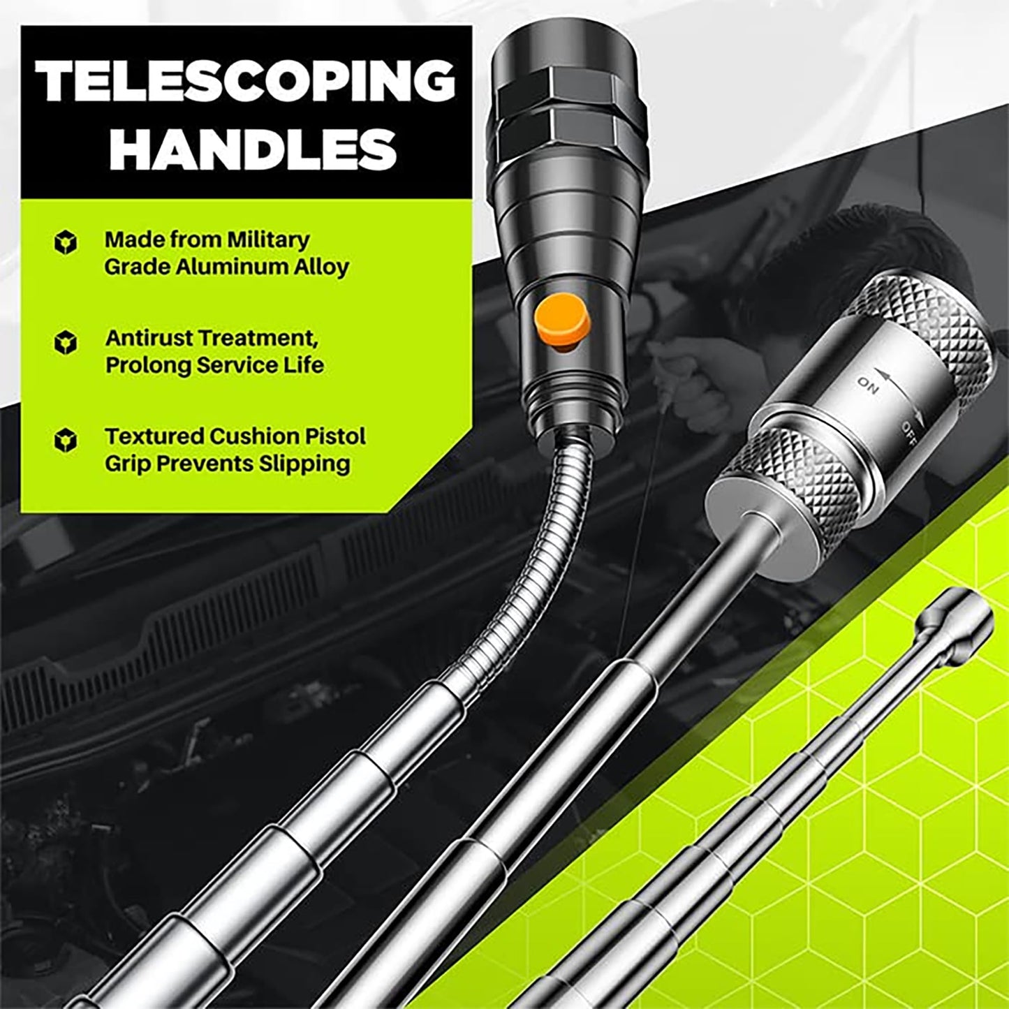 Telescoping Magnetic Pickup Tool Set, Inspection Mirror Telescoping, LED Flashlight, Cool Gadgets for Men, Valentine’s Day Gifts for Him, Husband, Boyfriend, Magnet Stick, Magnet Stick (Yellow)