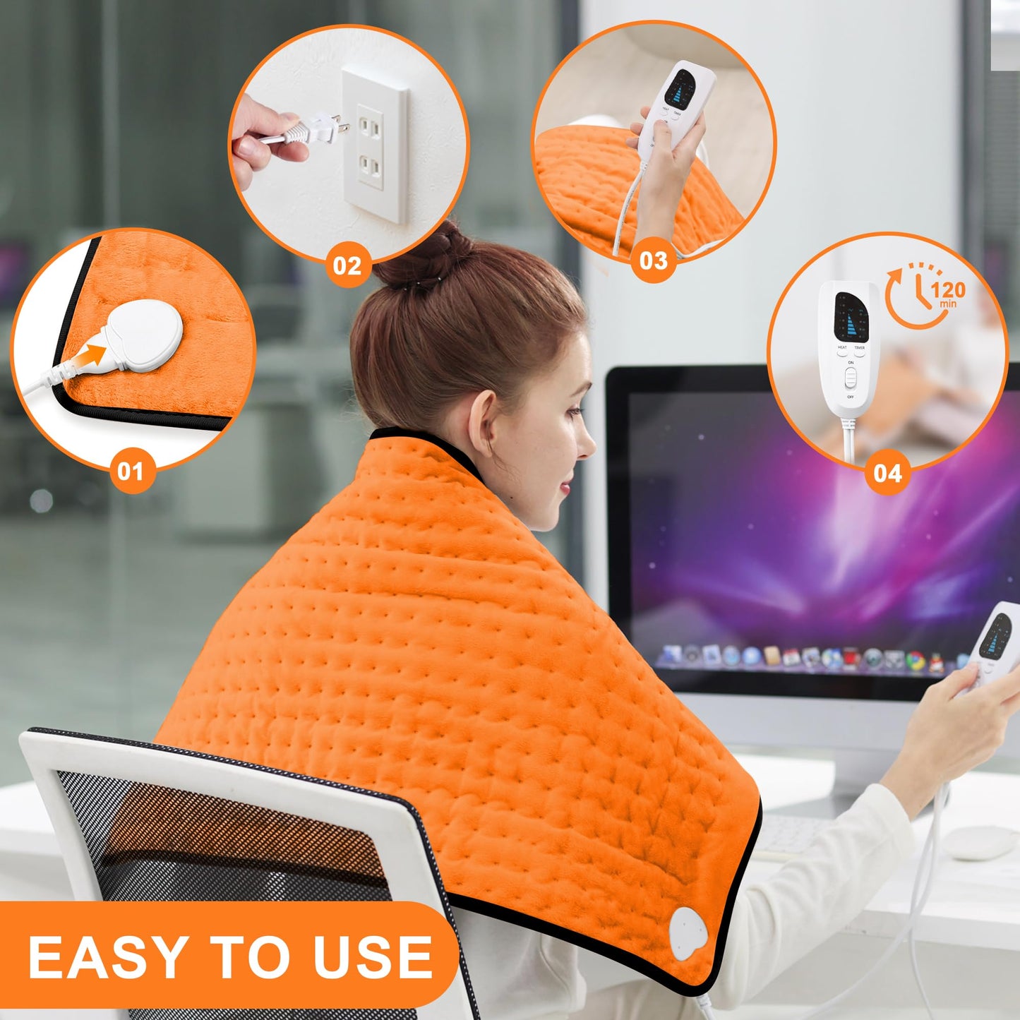 Deepsoon Heating Pad,Electric Heating Pads for Back,Neck,Abdomen,Moist Heating Pad for Shoulder,Knee,Arms,Legs,Dry/Moist Heat & Auto Shut Off,Christmas Gifts for Men and Women,Orange Black,33x17 Inch