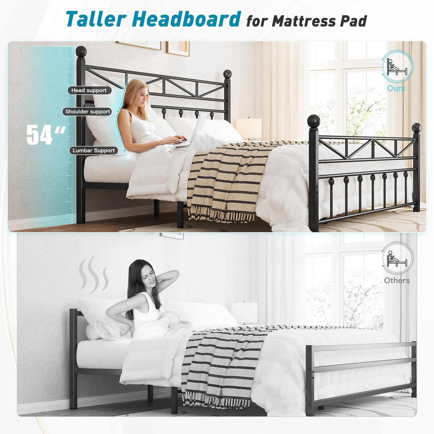 EnHomee 54" Contemporary Metal Bed Frame Queen Size with Tall Headboard, LED Light Queen Size Bed Frame, Sturdy Metal Slats Support with Under Bed Storage/Easy to Put Together/Black