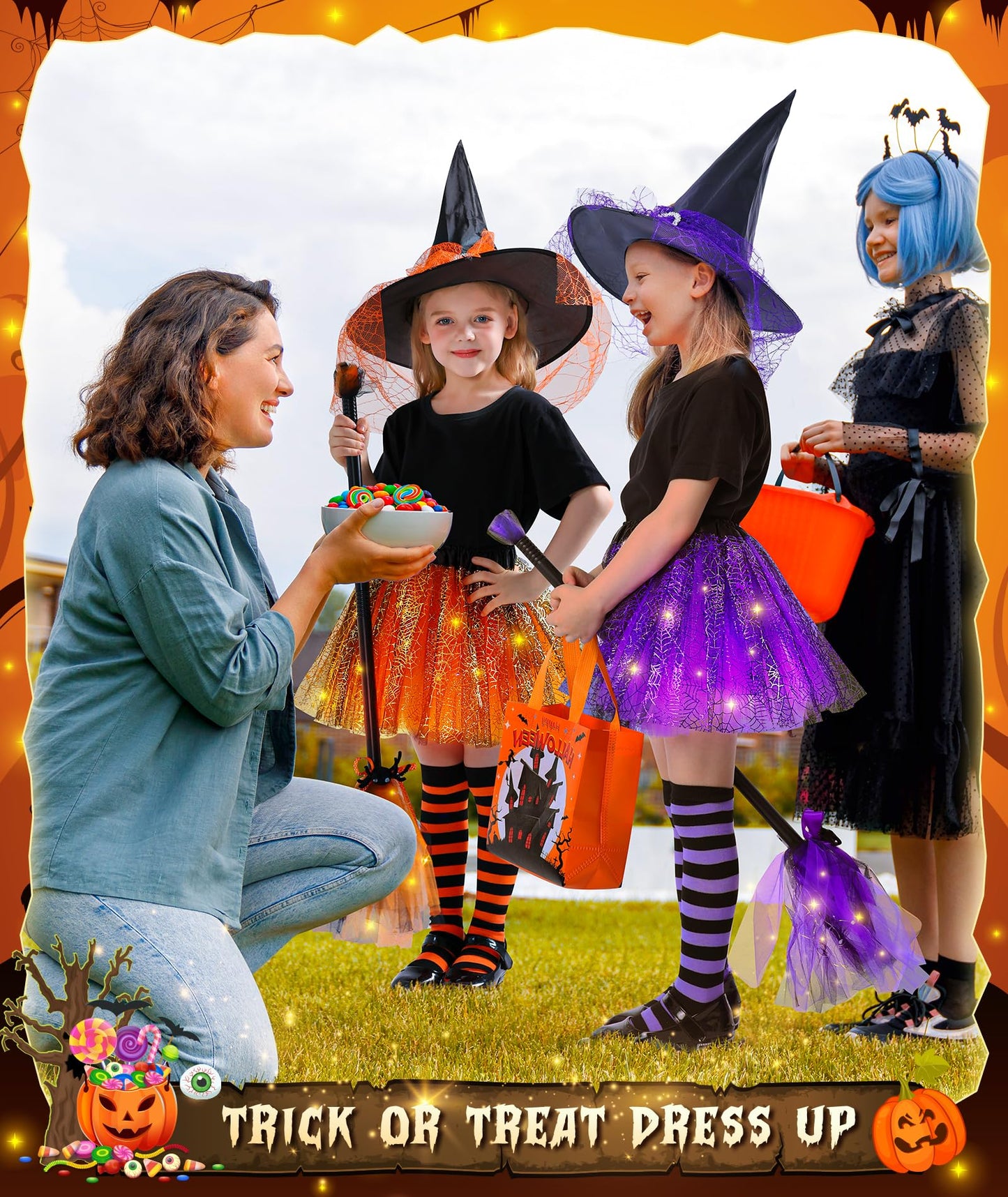 Jeowoqao Girls Halloween Dress up，Light up Witch Costume for Girls, Witch Skirt Broom Hat Treat Bag for Toddler Aged 3 4 5 6