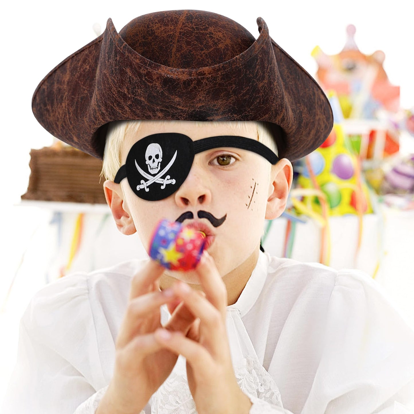 Renaissance Pirate Hat Costome Decoration Halloween Exchange For Male Female Tricorn Hat With Eye Patch & Necklaces