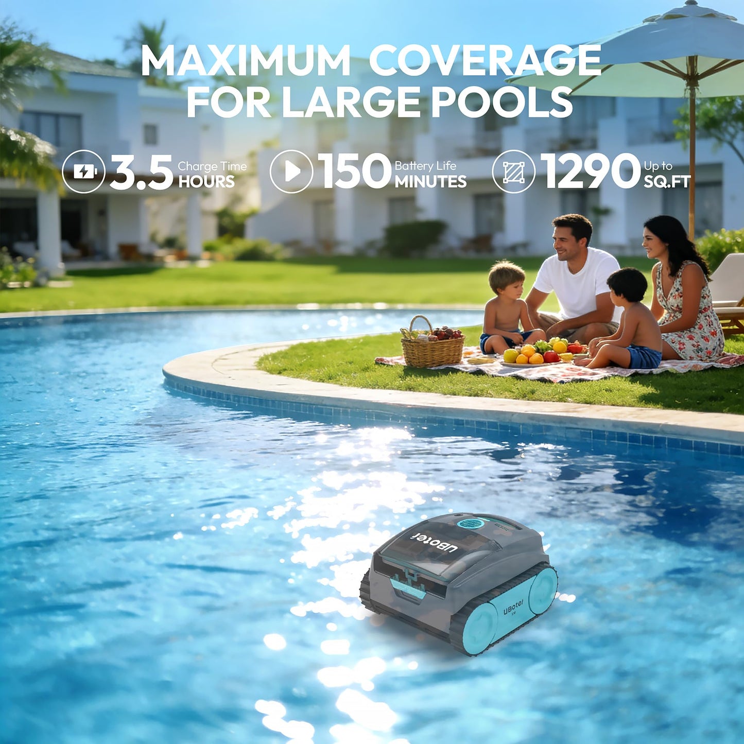 Pool Vacuum, UBoter S10 Cordless Robotic Pool Cleaner, Automatic Pool Vacuum for Inground & Above Ground Pools to 1290 Sq.Ft, Floor Wall Waterline Step Cleaning, 150 M Runtime, Auto Parking, Smart App