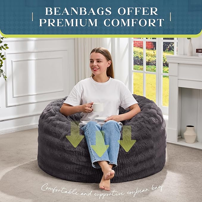 Hobestluk Bean Bag Chairs Beanbag Chair with Filler Adult Bean Bags with Fluffy Ripple Cover, Giant Bean Bag Chairs for Adults (Dark Grey, 3FT - 36" x 36" x 22")