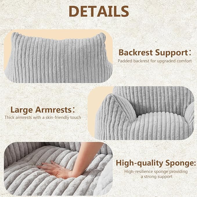 Achicsofar Giant Bean Bag Chairs for Adults Teens, Large Bean Bag Sofa Chairs with Filling Comfy Fuzzy BeanBag Chair with Armrests for Bedroom Living Room Reading (Light Gray, Large)