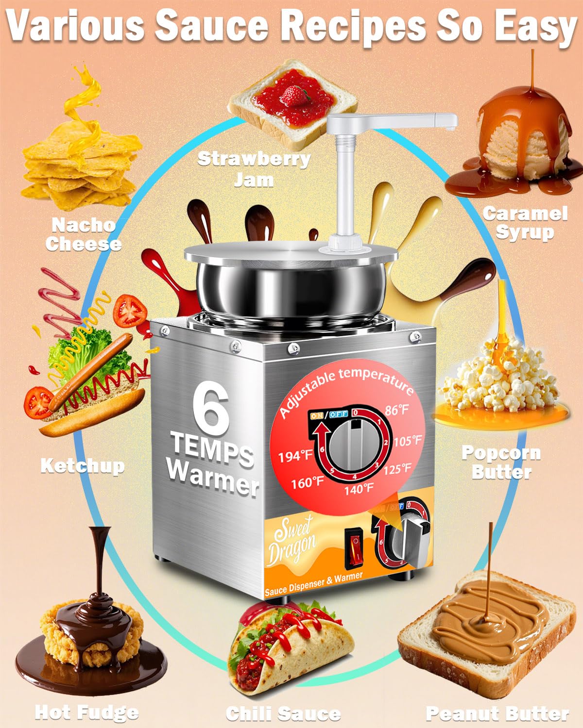 Nacho Cheese Dispenser, 4.6 Qt Nacho Cheese Dispenser with Pump, Stainless Steel Hot Fudge Cheese Warmer W/6-Level Temperature Adjustment, Commercial Sauce Dispenser for Butter Syrup Caramel