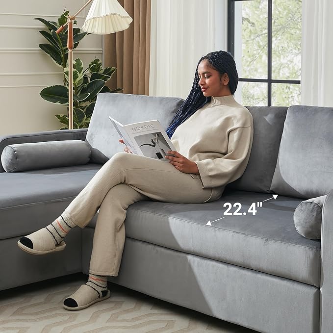 Tbfit 90.6'' 3 in 1 Sleeper Sofa Couch with Storage Chaise, Velvet Sofa Bed with Pull Out Bed, Convertible Sleeper Sofas for Living Room, Small Spaces, Grey