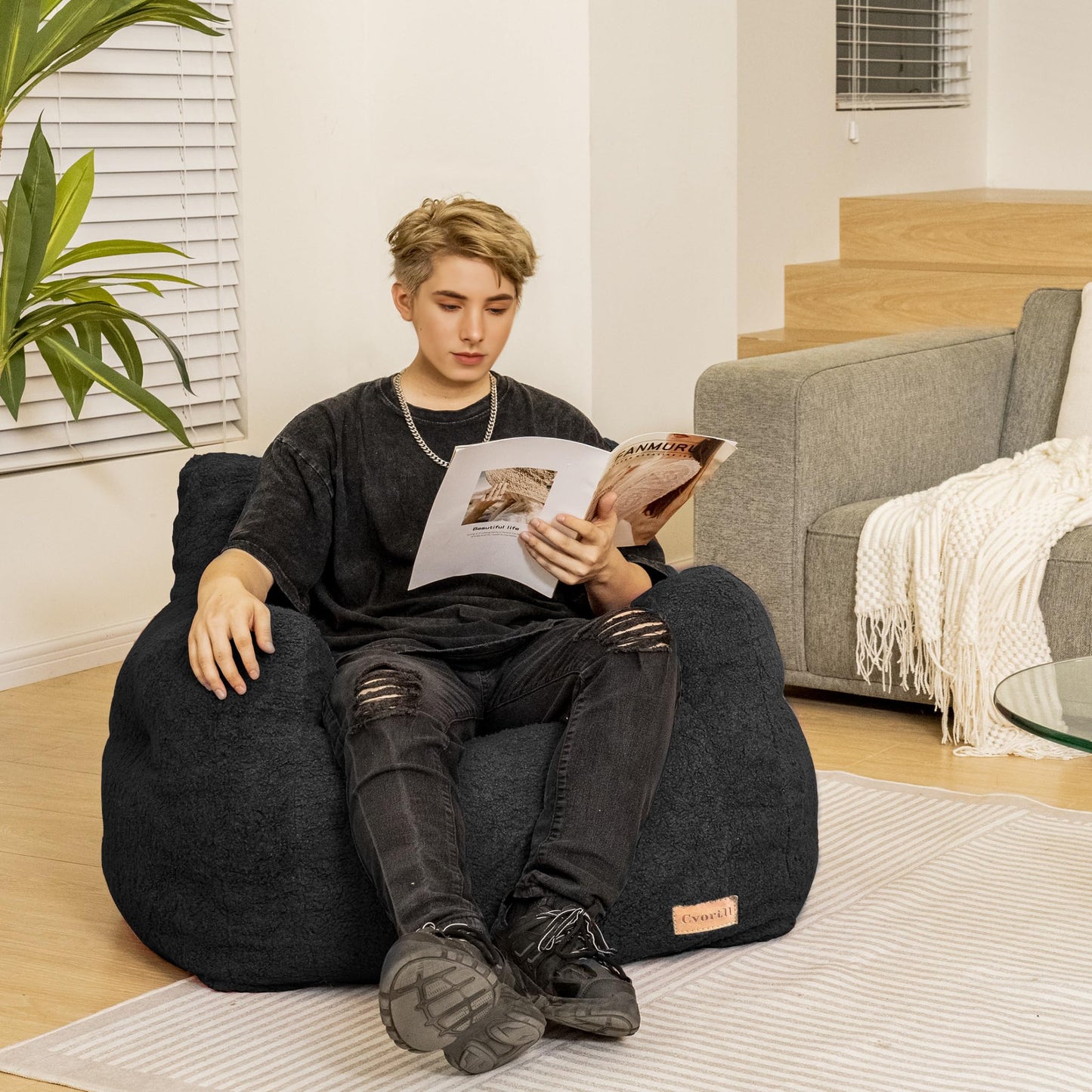 Cvortll Bean Bag Chair with Filler, Bean Bag Sofa with Tufted Soft Stuffed Filling, Fluffy and Lazy Sofa, Comfy Cozy BeanBag Chairs with Memory Foam for Dorm, Apartment, Living Room (Black)