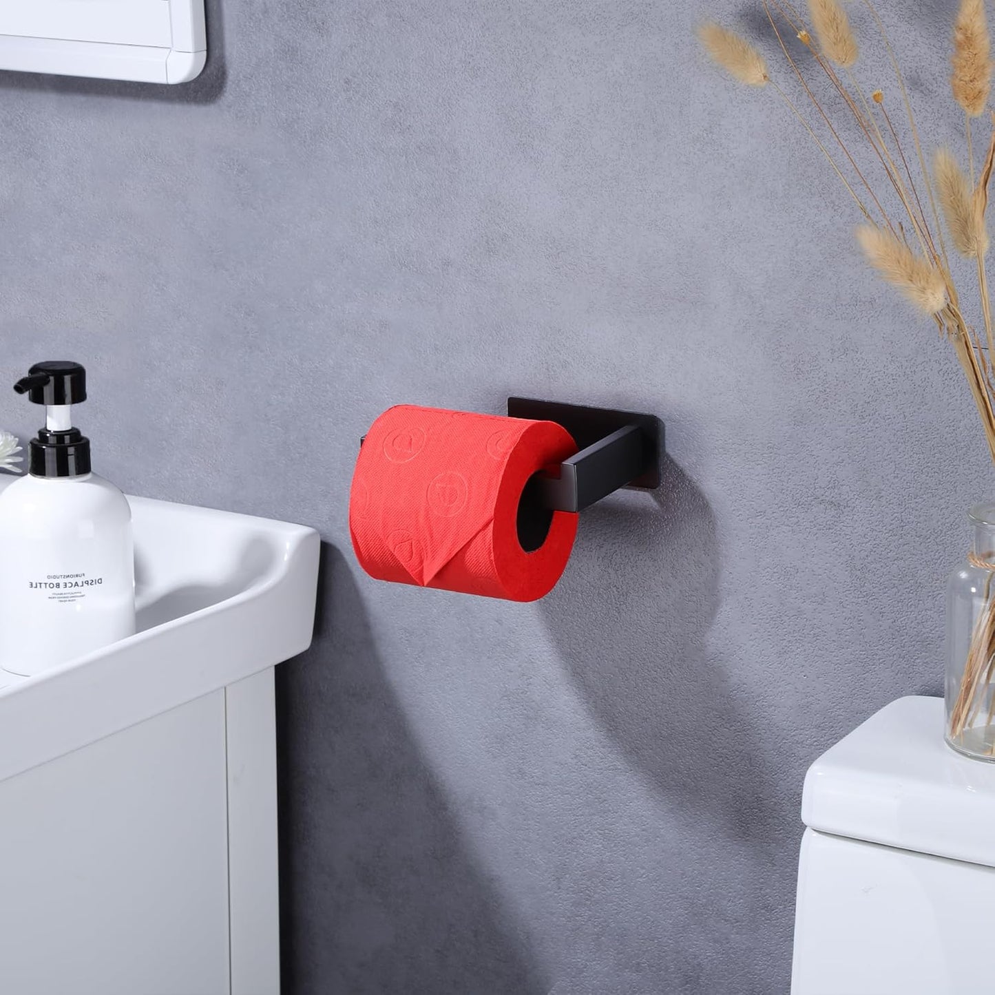 LANC Self-Adhesive Toilet Paper Holder, Matte Black Toilet Tissue Holder Wall Mounted for Bathroom Kitchen Stick On Paper Roll Holder with No Drilling Rustproof Stainless Steel, Left Rod A8307MB-LF