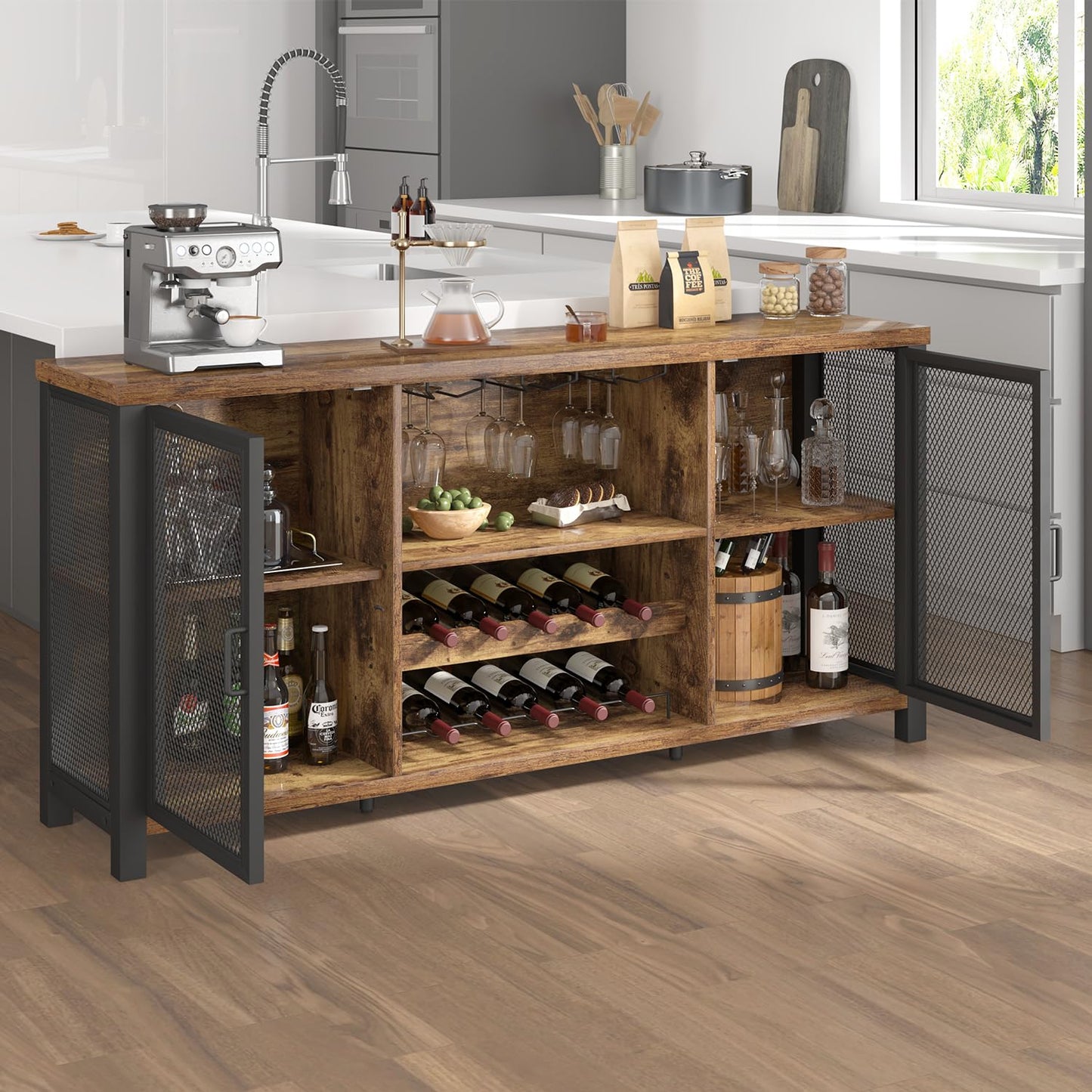 Launica Industrial Coffee Bar Cabinet, Wine Bar Cabinet for Liquor and Glasses, Liquor Cabinet with wine Rack Storage, Wood Metal Sideboard Buffet Cabinet for Home Kitchen Dining, Rustic Brown 55 Inch