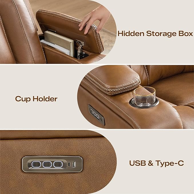 Watson & Whitely Genuine Leather Electric Recliner Chairs, Oversized Super Zero Gravity Recliner Triple-Motor W Adjustable Lumbar Headrest Support & Hidden Storage, Saddle Brown