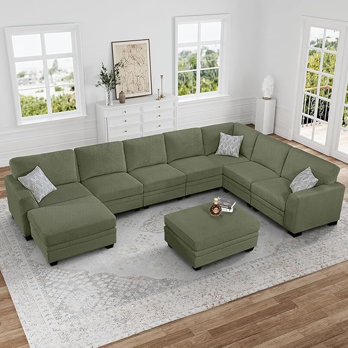Legend Vansen Sectional Couches for Living Room,L-Shaped Corduroy Sofa with Ottoman for Living Room,Bedroom and Apartment (Olive, U-9)