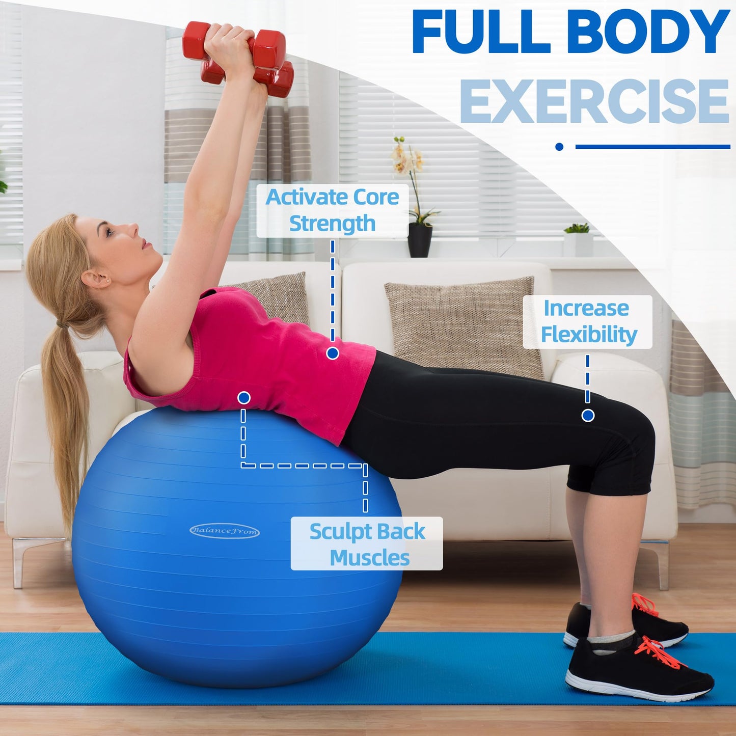 Fitvids Anti-Burst Slip Resistant Exercise Ball - 34-inch Blue, 2,000-Pound Capacity, Quick Pump