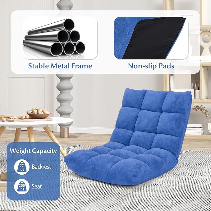 Folding Floor Chair w/Back Support, 14-Position Adjustable Lazy Sofa Chair w/Coral Velvet Fabric & Alloy Steel Frame, Portable Meditation Chair for Reading, Gaming,Sleeping (Blue)
