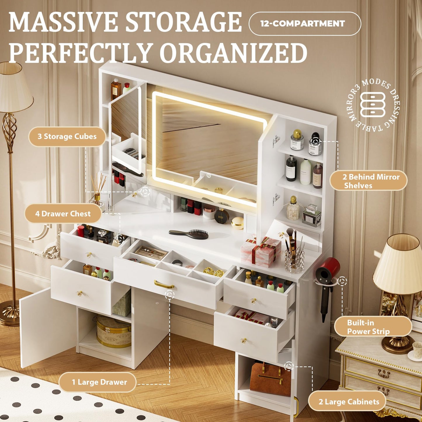 COMHOMA Vanity Desk with 3 Way Mirror and Lights, Large Makeup Vanity Table Set with Charging Station, 3 Lighting Modes & 360° View Mirror, 7 Drawers Dressing Table for Women Girls Bedroom, White