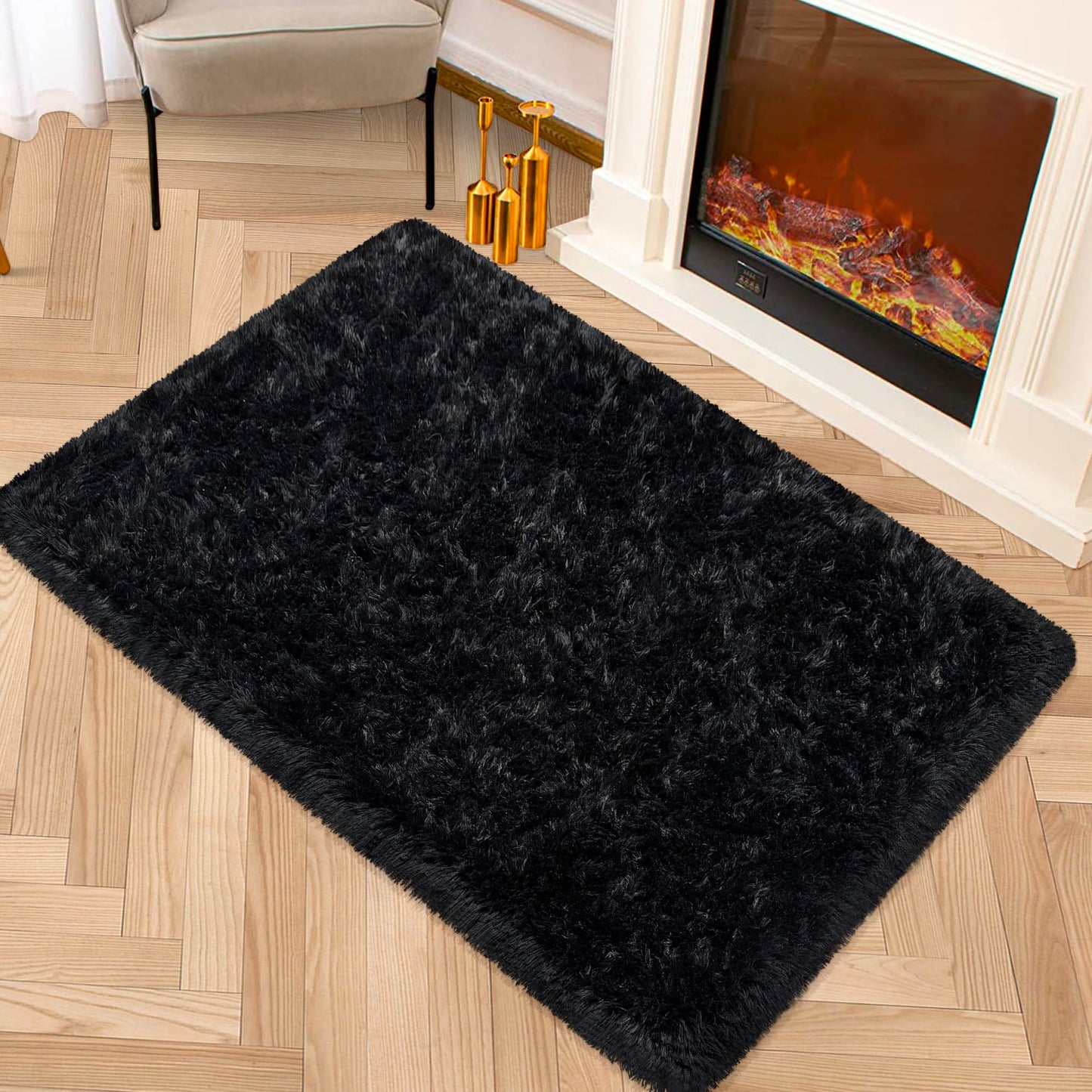 Small Fluffy Rugs for Bedroom 2x3 Black Shaggy Area Rug Soft Plush Fuzzy Fur Bedside Throw Rug for Living Room Boys Kids Nursery Baby Room Home Decor Aesthetic Carpets