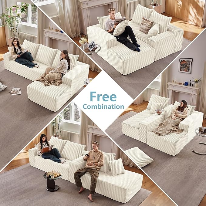 107" W Cloud Sectional Couch with L-Shape Chaise, Modern Corduroy Boneless Couch for Living Room,Memory Foam Sofa with Deep Seat,No Assembly Required (White,Right-Facing Chaise)