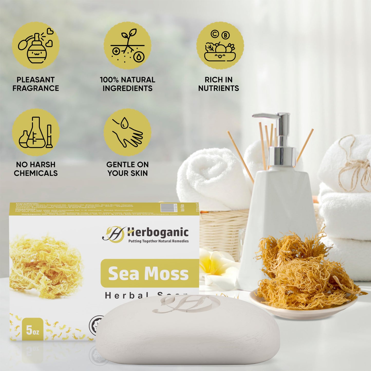 HERBOGANIC Sea Moss Herbal Soap | Pack of 3 of 5oz soap Bar | Natural Bar Soap for Face and Body | Hydrating and Nourishing | Su