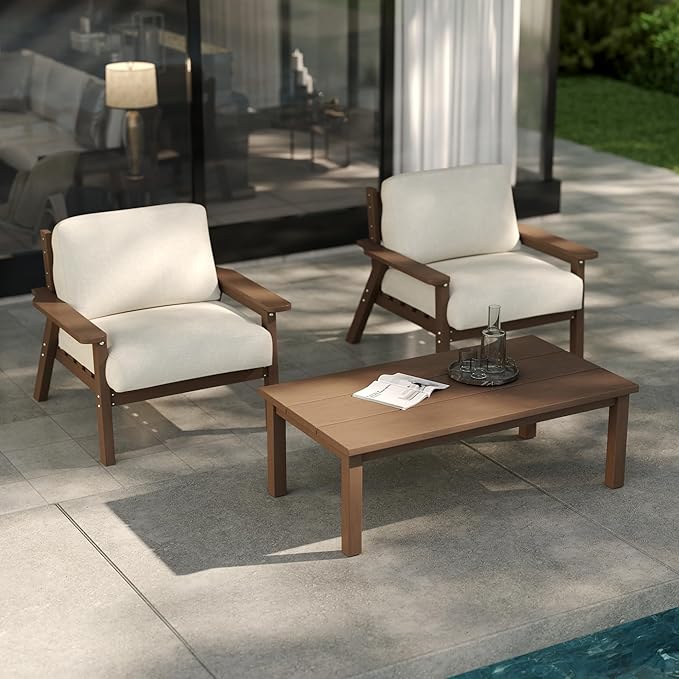Patio Kingdom Patio Furniture Set with Washable Thick Beige Cushions, HDPE Outdoor Couch, All-Weather Outdoor Sectional Furniture, Patio Conversation Sets for Lawn, Garden, Porch (Brown Frame)