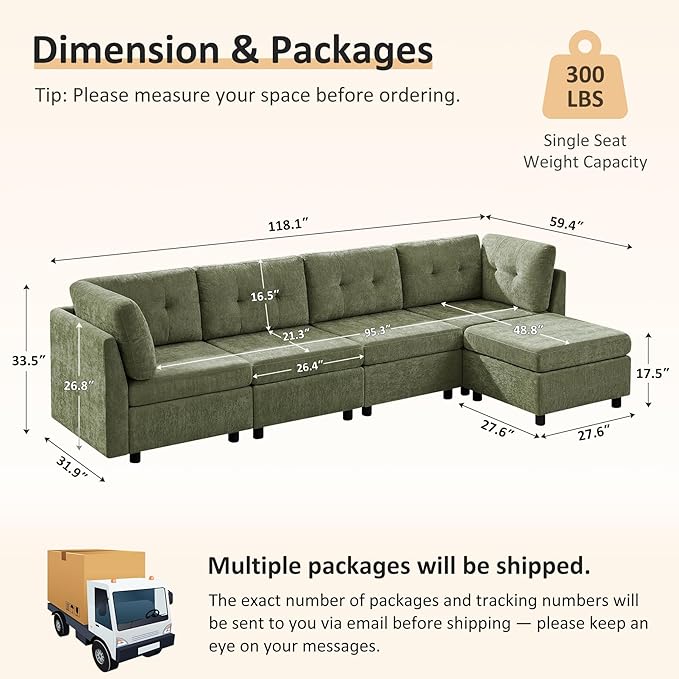 VANOMi 118" Cloud Couches for Living Room with Ottoman, 4 Seater Modular Sectional Sofas & Couches, Cozy Chenille Cloud Sectional Couch Sofa for Apartment, Office, Olive Green, L Shaped