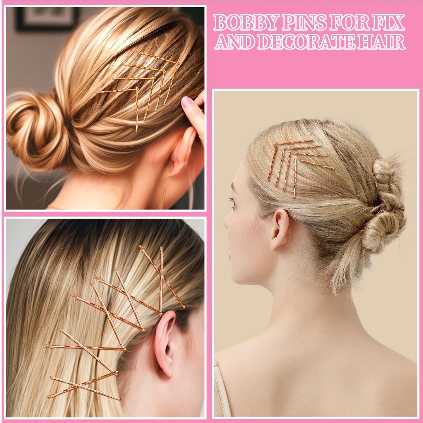 Teenitor 300pcs Bobby Pins Rose Gold Hair, 100 Bobby Pins 100 Hair Pins for Women 100 Hair Bands Kit, Hair Pins for Buns 2  2.36