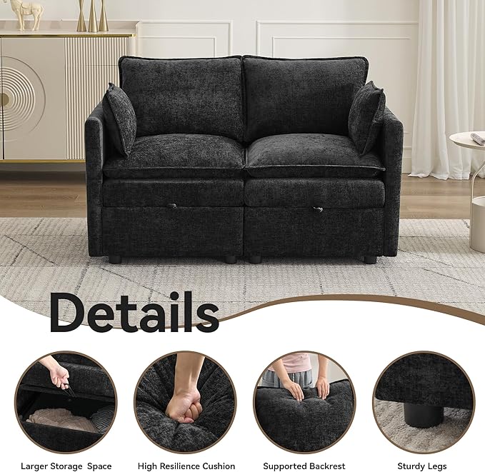 55" Cloud Modular Loveseat Sofa with Storage, Modern Upholstered Sofa Couch Small Love Seat，2 Seater Chenille Comfy Sectional Sofa with Armrests for Living Room, Small Space, Black