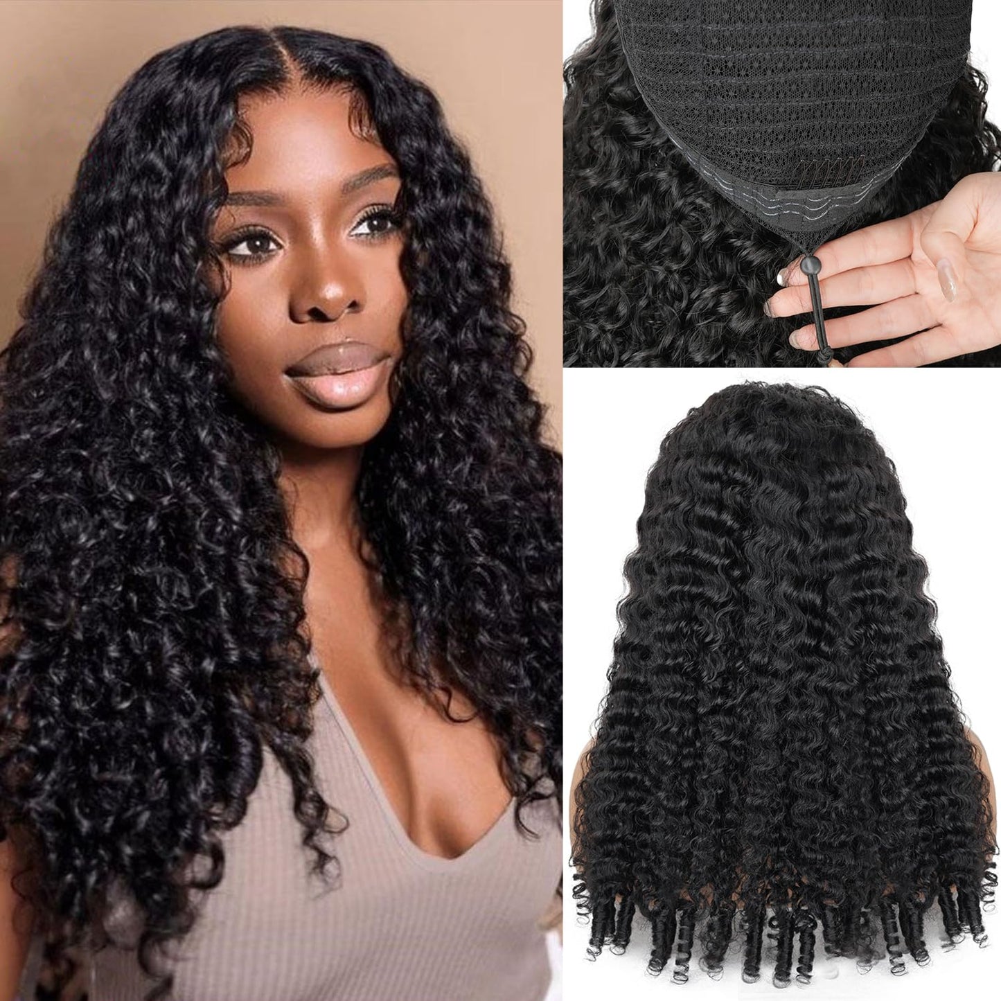 Burmese Curly Half Wigs Human Hair with Drawstring And Spiral End,200% Density Wear And Go Glueless Wigs Curly 3 In 1 Half Wig f