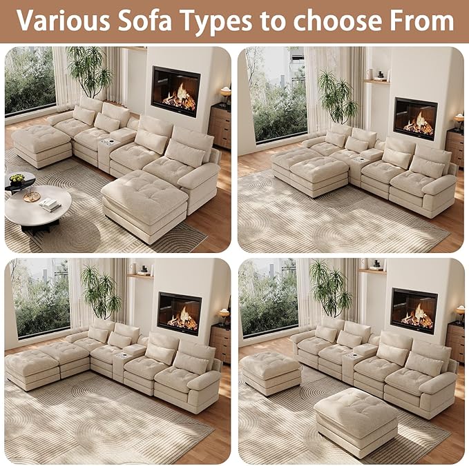 BEQAI 134"U Shaped Sectional Couches for Living Room, Oversized Modular Sectional Fluffy Couch with 2 Ottoman & Storage Console,Modern 6 Seat Living Room Sofa with Glitter Fabric,Tufted Buttons, Camel