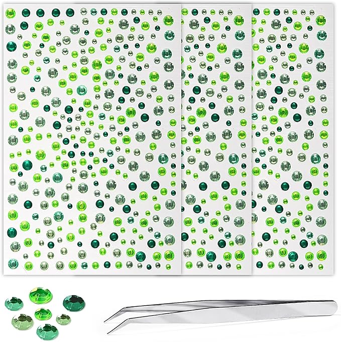 Self Adhesive Face Gems and Pearls for Makeup, Festival Jewels, Hair Gems, Rhinestone Stickers for Face, Eye, Makeup, Nail, Body, Crafts 3/4/5/6 mm 975Pcs (10.gem_mixedgreen)