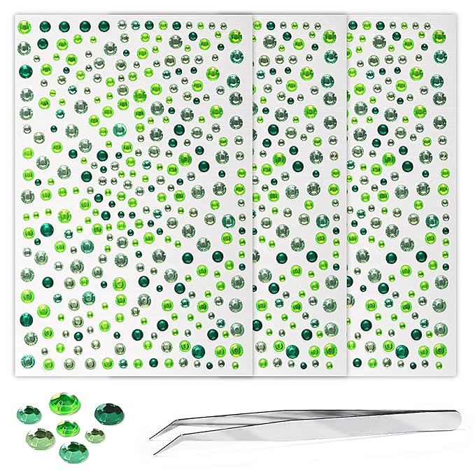 975Pcs Face Gems Hair Gems, Self-Adhesive Face Jewels Eye Jewels Rhinestones 3/4/5/6 mm DIY Face Gems Stick on, Hair Body Rhinestones Gems Crystals Pearls for Face Makeup, Crafts (gem_mixedgreen)