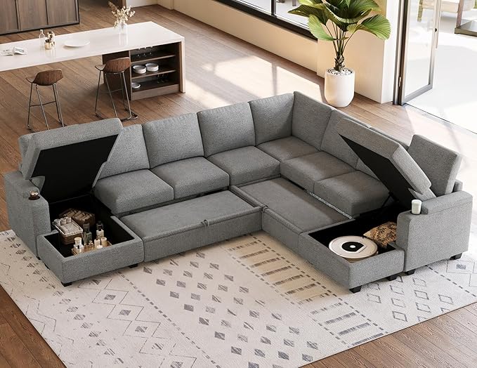 Belffin Oversized Sleeper Sofa U Shaped Modular Sectional Couch with Double Storage Chaise Convertible Sofa Bed. Light Gery Couch