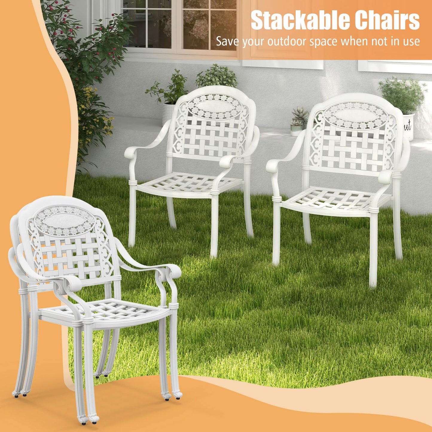 Tangkula Set of 4 Cast Aluminum Patio Dining Chairs, Stackable Outdoor Dining Chairs with Armrests, Outdoor Bistro Chairs for Balcony, Backyard, Garden