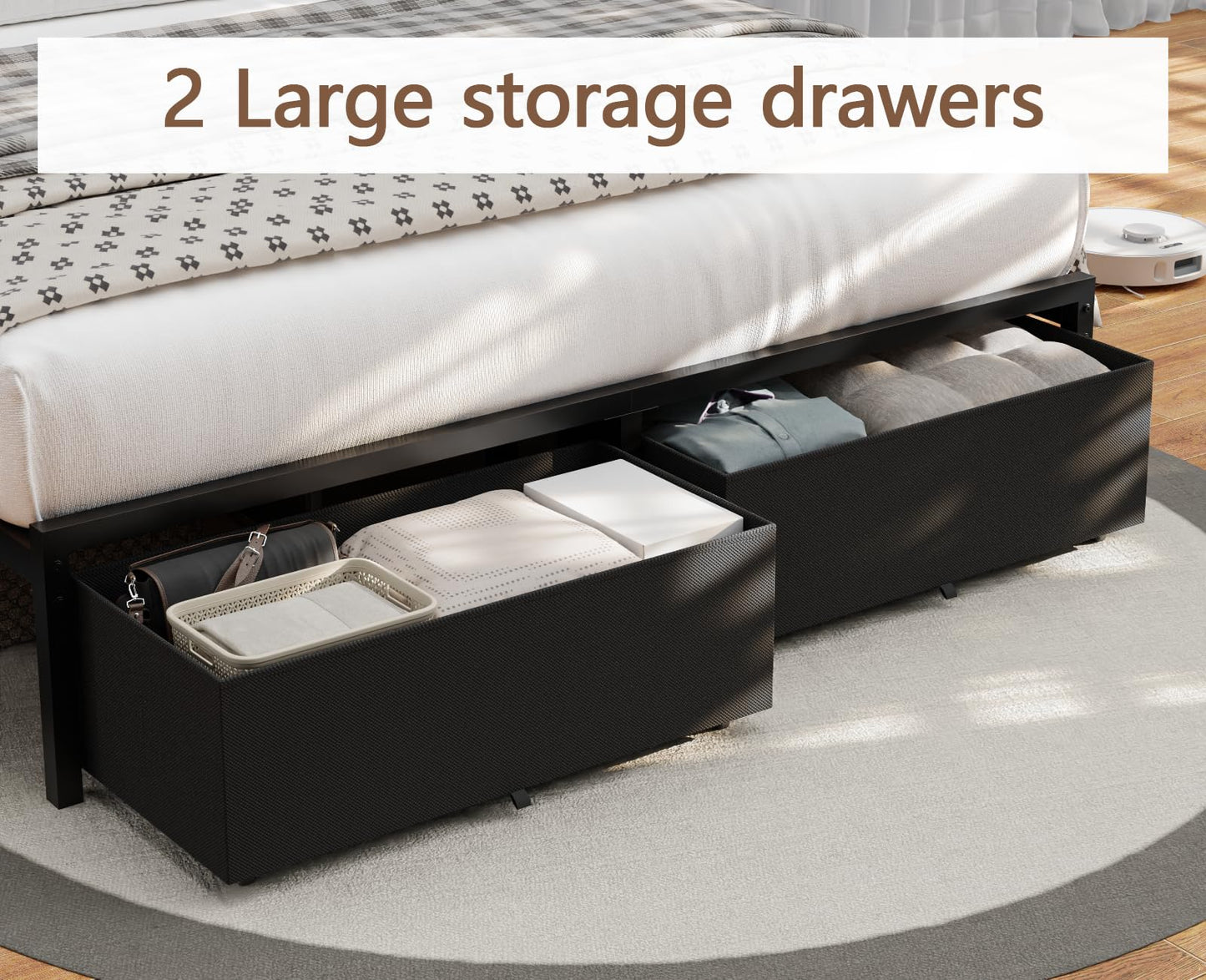 Furnulem Queen Bed Frame with Headboard,Platform Bed Frame Queen Size with 2 Storage Drawer, Upholstered Bedframe with Charger Station and LED Lights