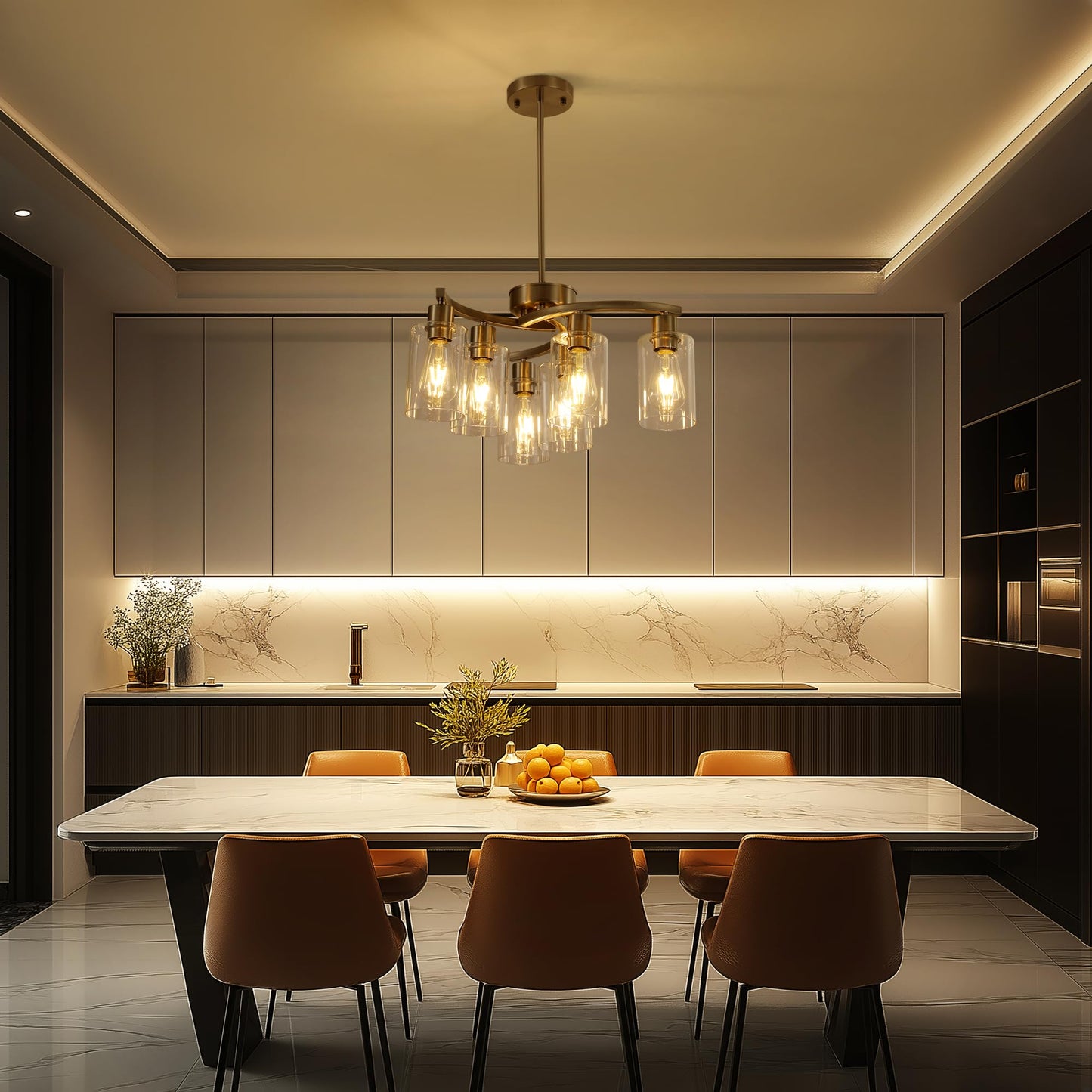 Sigaitwei 6 Light Farmhouse Brushed Nickel Chandelier,21.7" Modern Chandeliers for Dining Room Light Fixtures Over Table,Pendant Lights Kitchen Island,Metal Bracket with Downward Clear Glass Shade