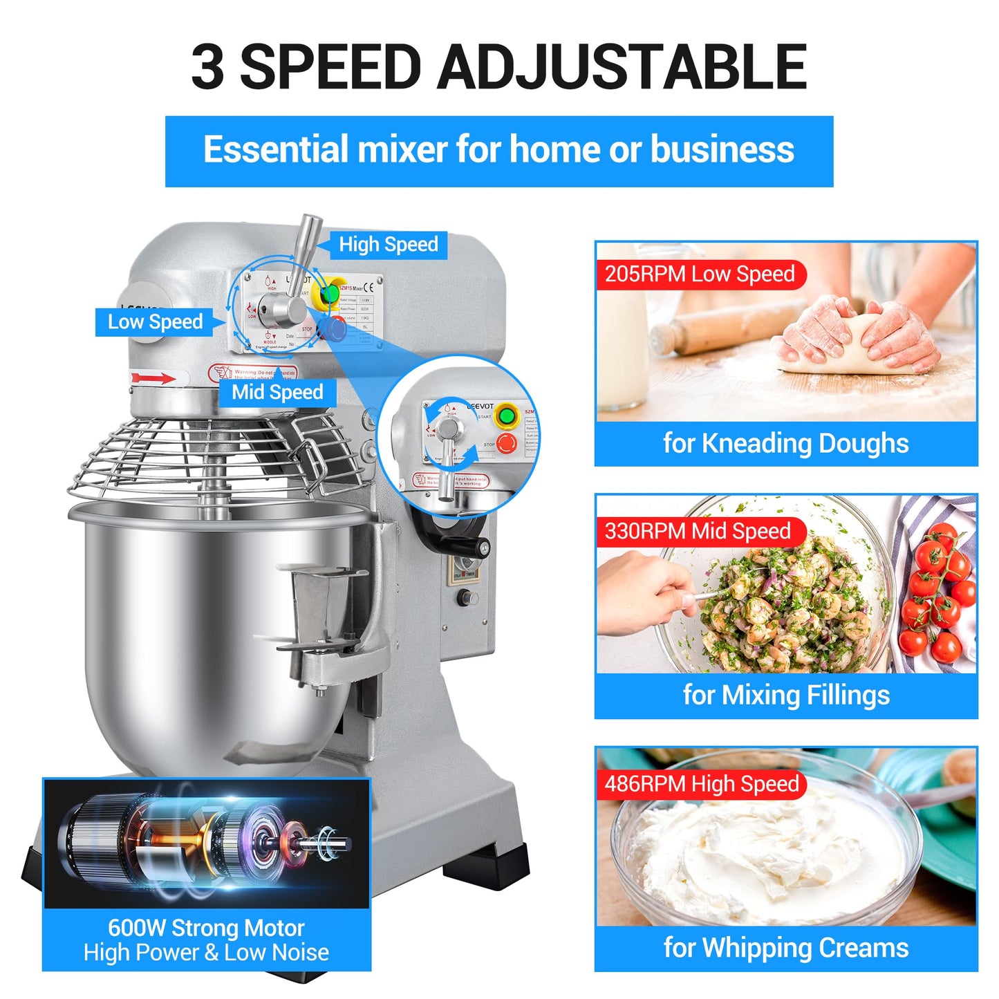 LEEVOT Commercial Food Mixer 15 Qt with 3-Speed Adjustment, 600W Commercial Mixer with Timer, Heavy Duty. Commercial Dough Mixer with Stainless Steel Bowl, Suitable for Bakeries and Pizzerias