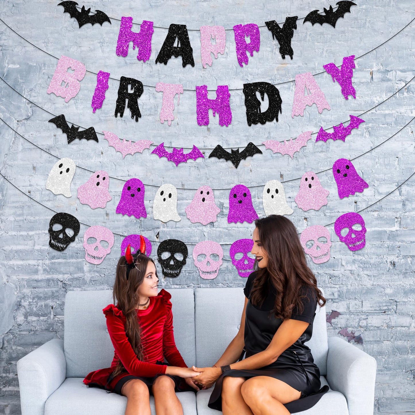 Pink and Black Happy Halloween Birthday Decorations, Glitter Banner Ghost Garland Bat Skeleton Garland, Spooky Decorations for Boy Girl Halloween Birthday Party Supplies