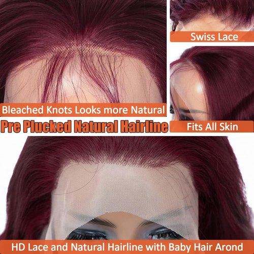 99j Burgundy Lace Front Wigs Human Hair Pre Plucked 13x6 Lace Frontal Human Hair Wigs for Black Women Body Wave Glueless Human Hair Wig 180% Density Pre Plucked Bleached Knots with Baby Hair （20 Inch）