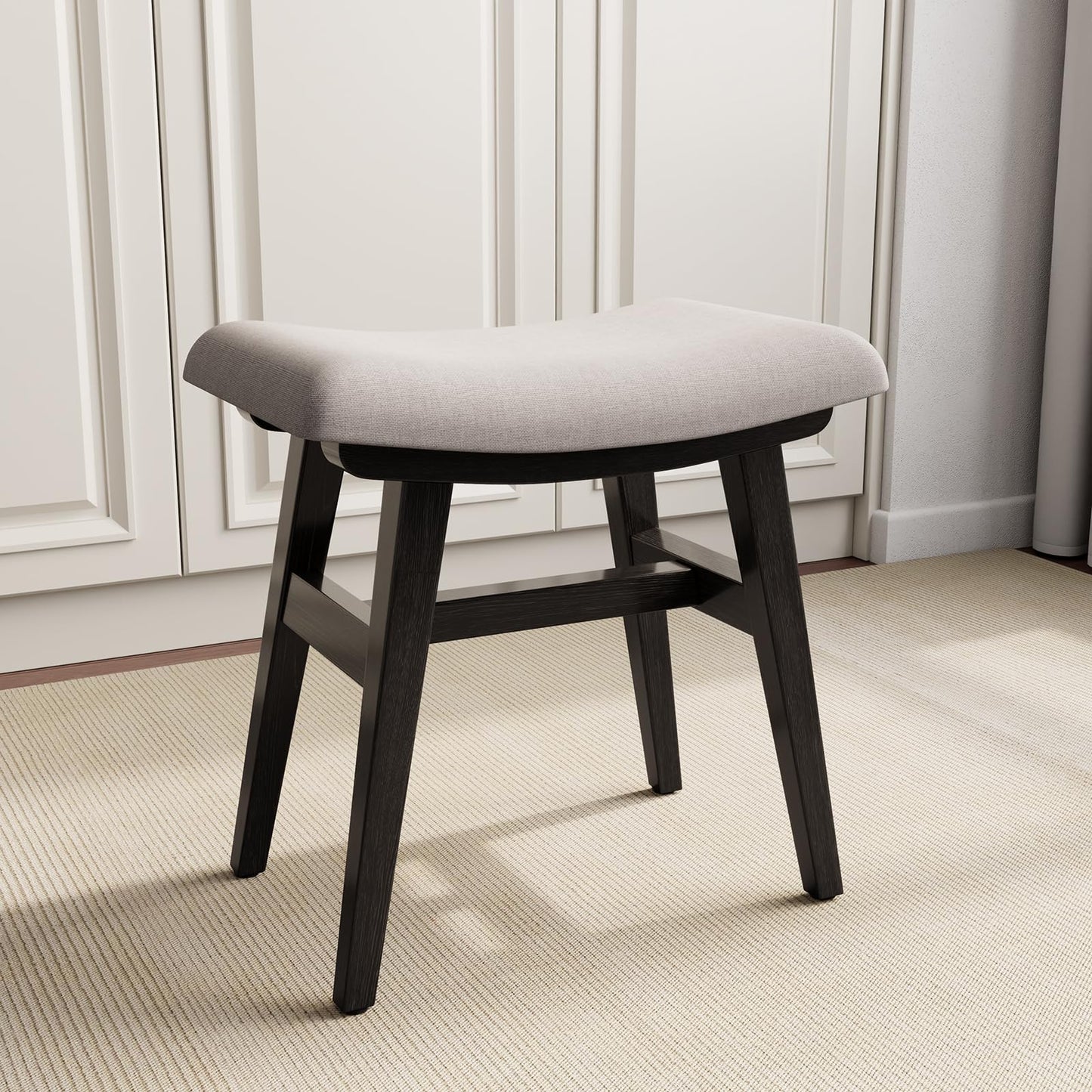 Muwuele Solid Wood Small Vanity Stool with Saddle Cushion, High-Rebound Sponge Seat, Easy Assembly Makeup Chair, Footstool for Bedroom, Entryway, Black