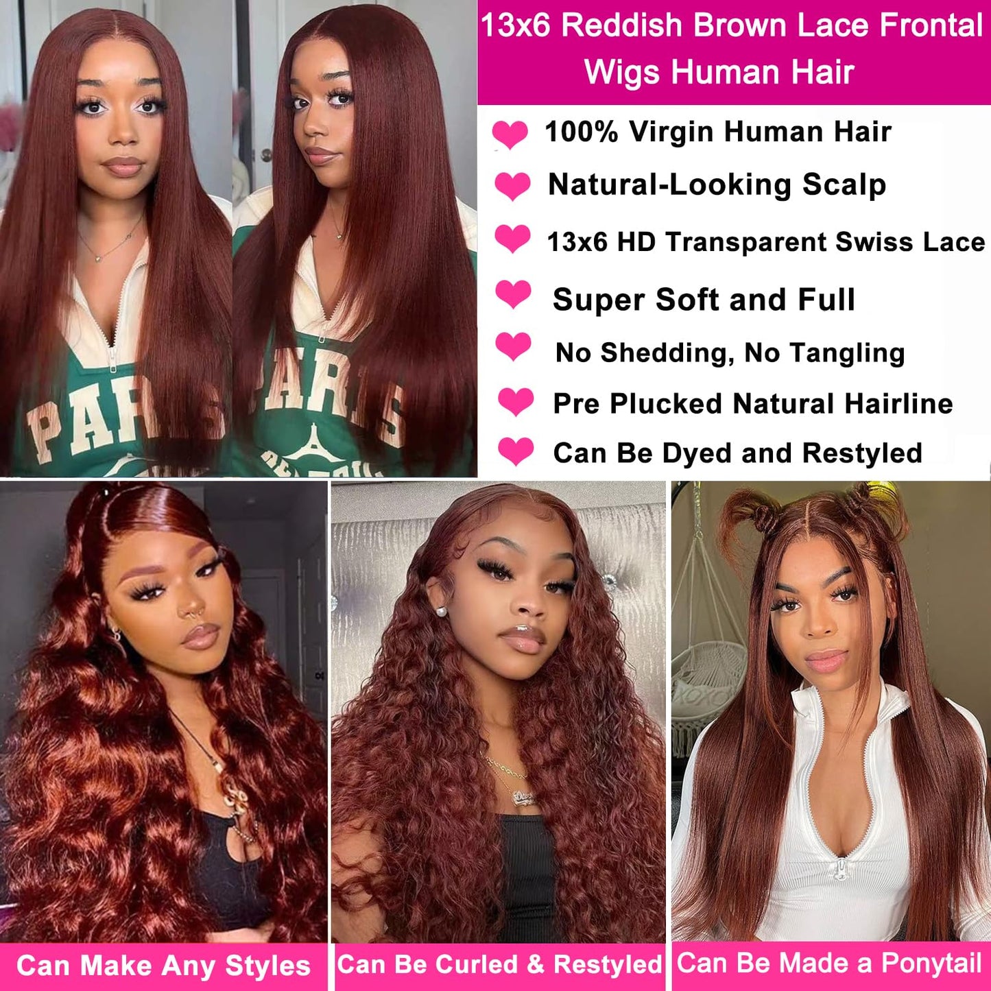Reddish Brown Lace Front Wigs Human Hair 13x6 Straight Lace Front Wig 180% Density 33# Lace Frontal Wigs Human Hair Pre Plucked