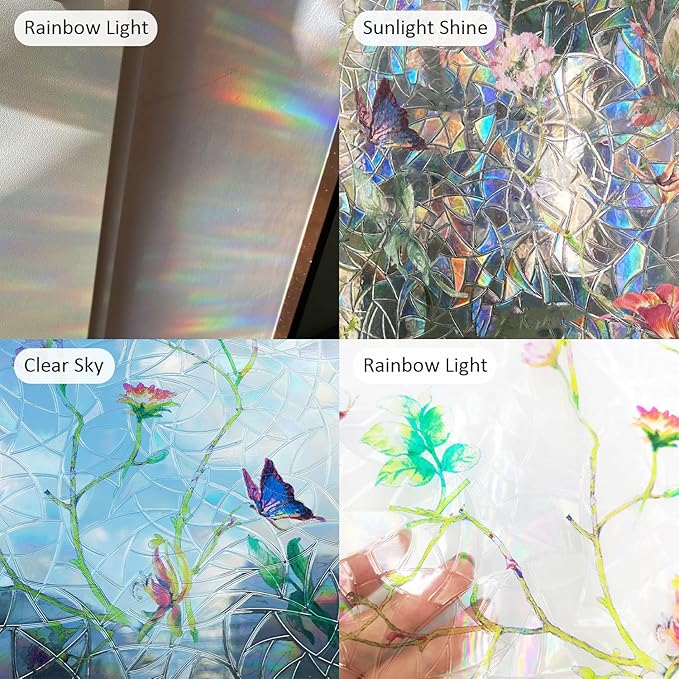 Rainbow Window Privacy Film Stained Glass Handmade Design for Bathroom, Watercolor Flower and Butterfly, 39.37" x 16.92"