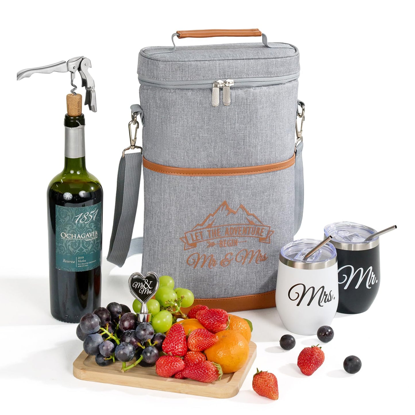 AW BRIDAL Engagement Gifts for Newlywed Couples 2025, Mr and Mrs Wine Gift Basket for Wedding Bridal Shower, Anniversary Insulated Wine Cooler Bag Tumblers with Accessorie Set for Beach Camping Travel