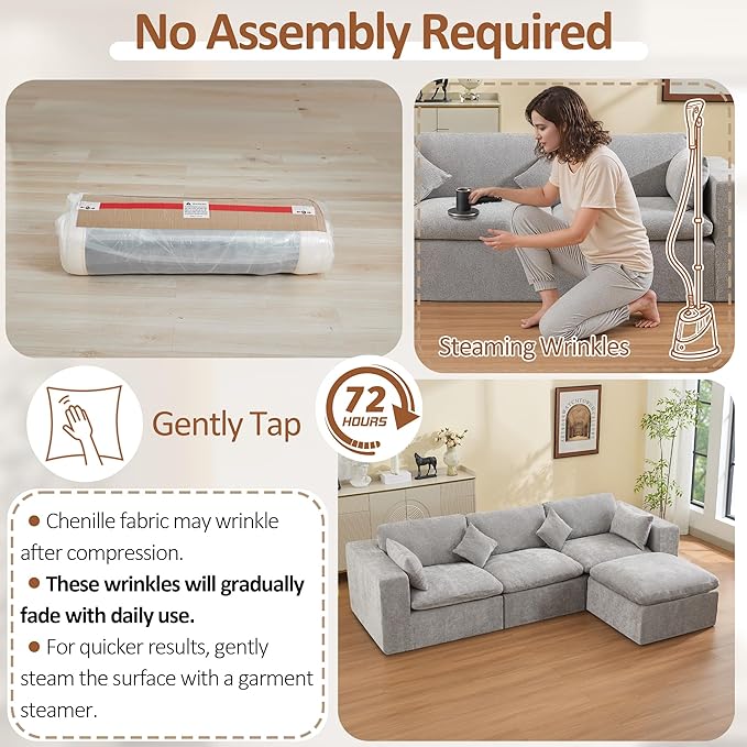 115''Cloud Boneless Sectional Couch, Modular Sectional Sofa Deep Seat with Ottoman, Oversized Upholstered Convertible Comfy 4 Seater Chenille Sofa L Shape Couches for Living Room, Light Grey