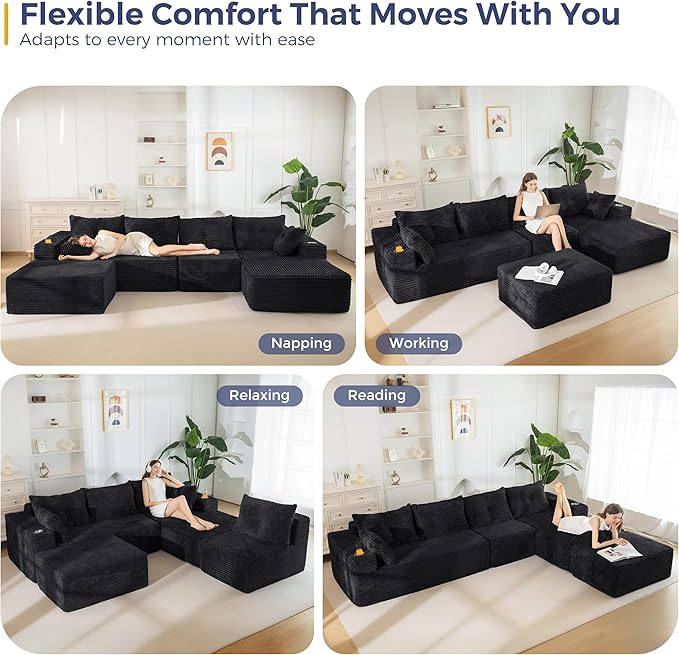 MAXYOYO 132" Giant U-Shaped Modular Sectional Couch, Modern Boneless Couch for Living Room, Sofa in A Box, Oversized Sofa Sleeper with Deep Seat, No Assembly Required, Black