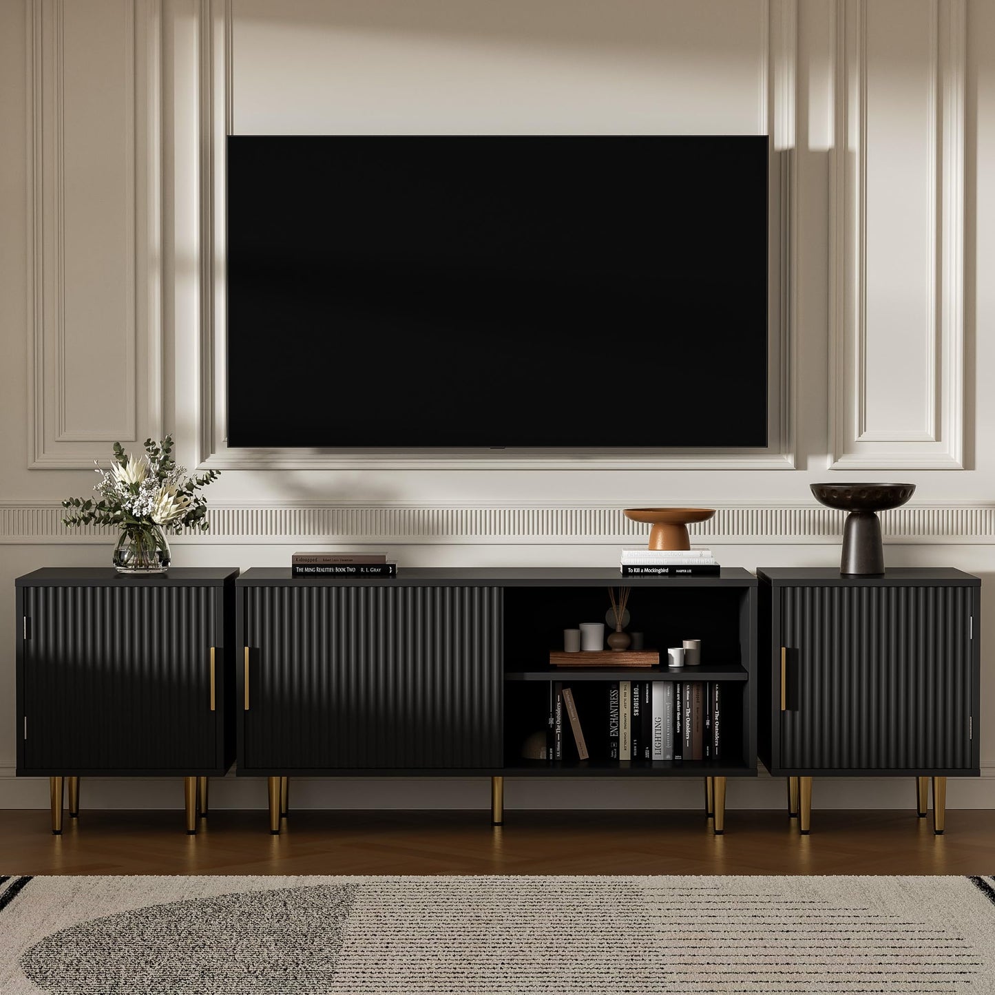 Housoul 71" TV Stand for 50/60/70/80 inch TV, Modern TV Stand for 75+ inch TV, Entertainment Center for Up to 80" TV, TV Media Stand with Storage Cabinet for Living Room, Bedroom, Black